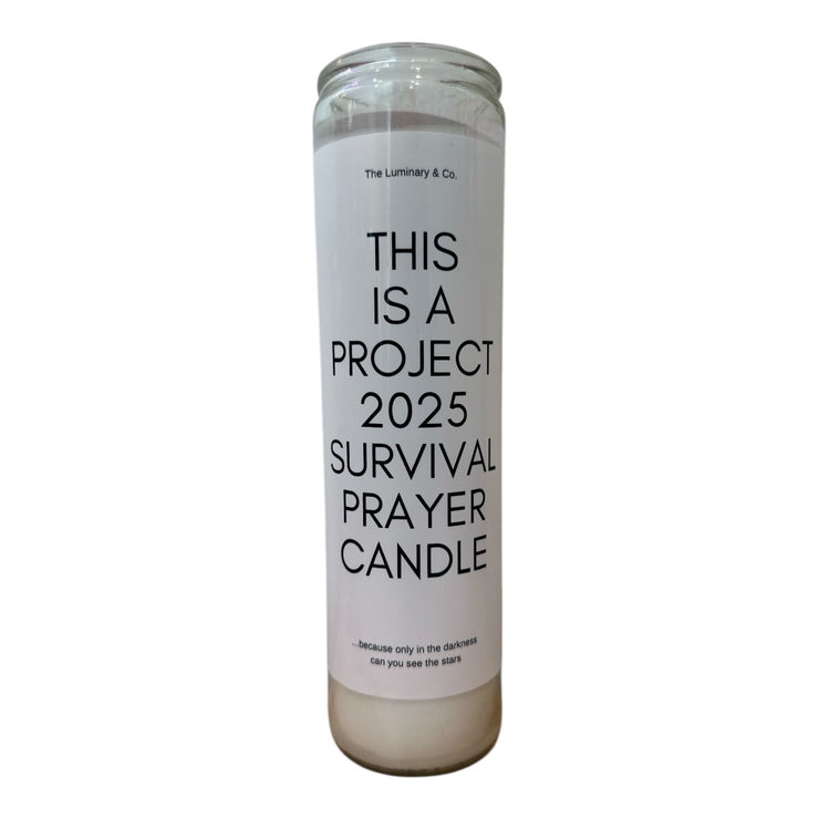 This is a Project 2025 Survival Prayer Saint Candle