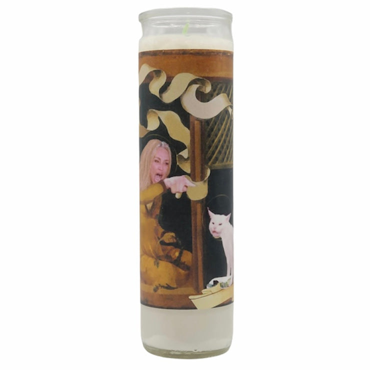 Woman Yelling at Cat Meme Devotional Prayer Saint Candle - Mose Mary and Me